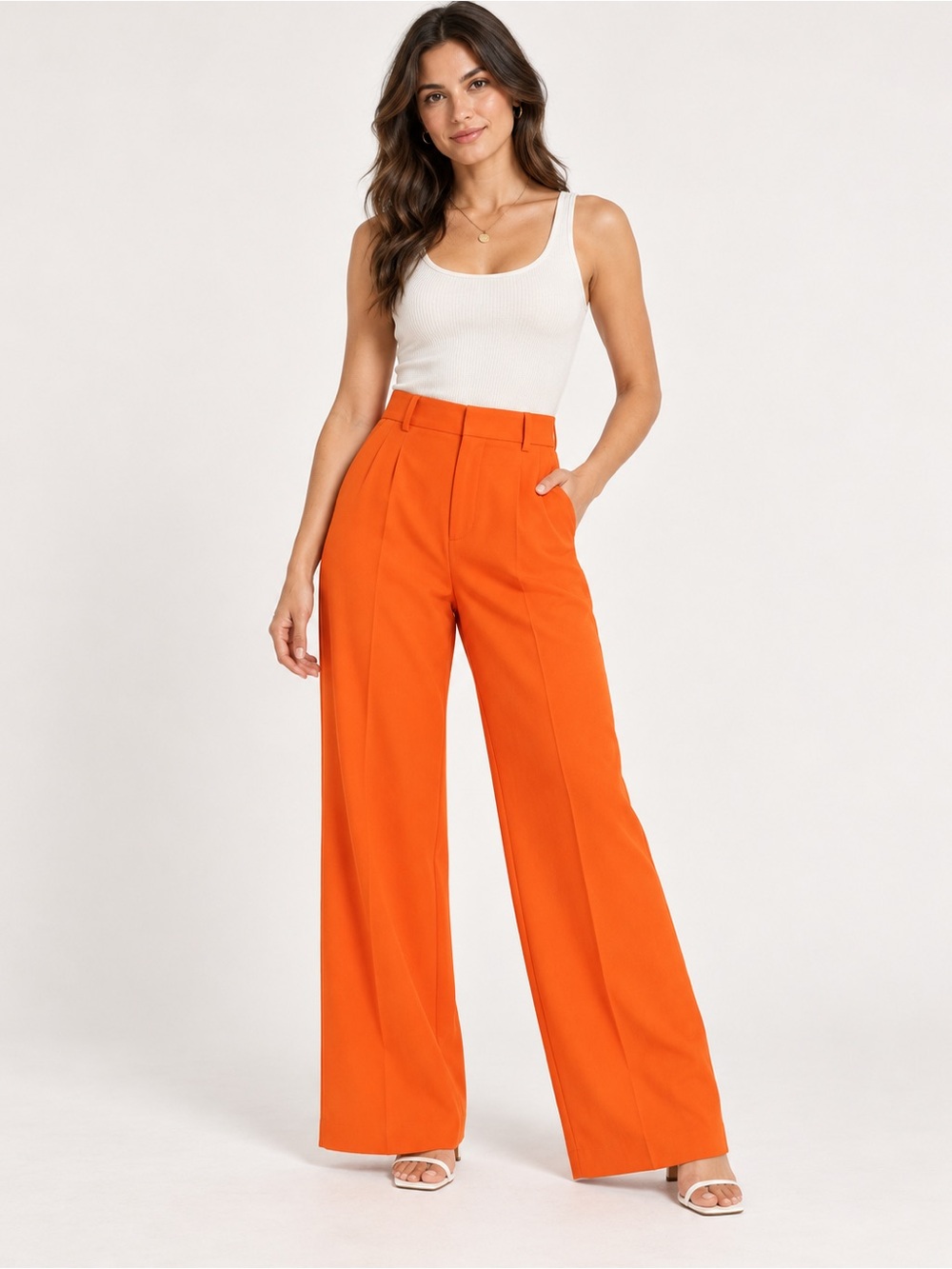 NWT COMMENSE Bright Orange High Waist Wide Leg Trousers 🧡